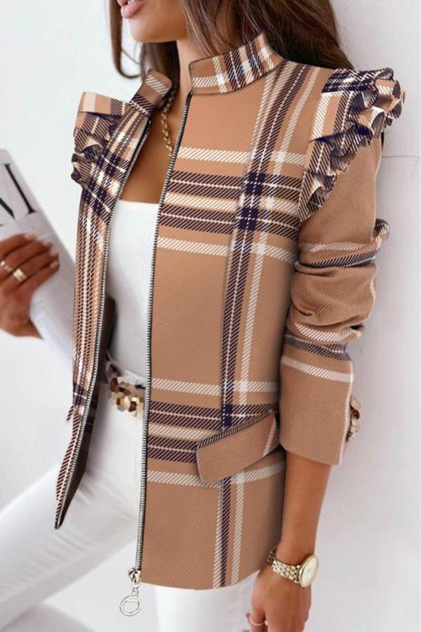 Melrose Plaid Print Ruffles Sleeve Zipper Up Coat