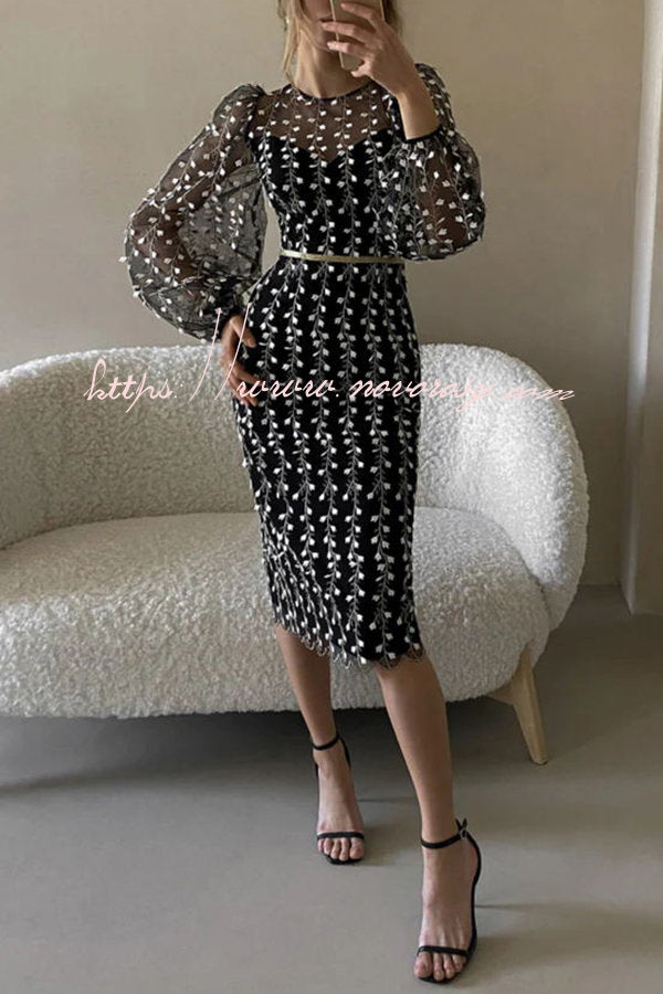 Floral Passions Embroidered Sheer balloon sleeve Fitted Midi Dress