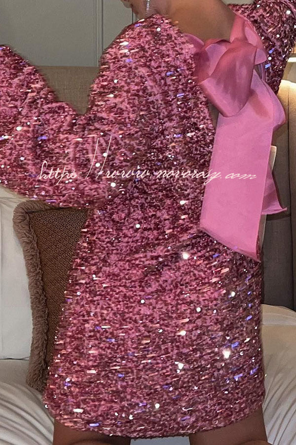 Dance All Night Sequin Back Tie Up Bow Loose Mini Dress
