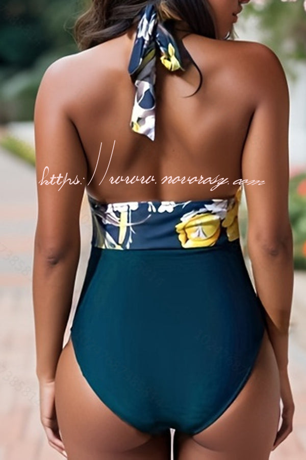 Special Printed Ruched Backless V-neck One Piece Swimsuit