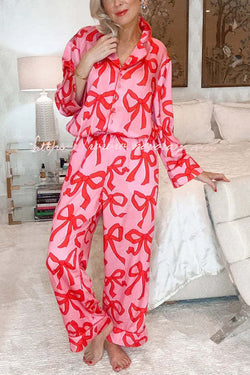 Give You A Surprise Gift Bow Printed Elastic Waist Pocketed Pajama Set