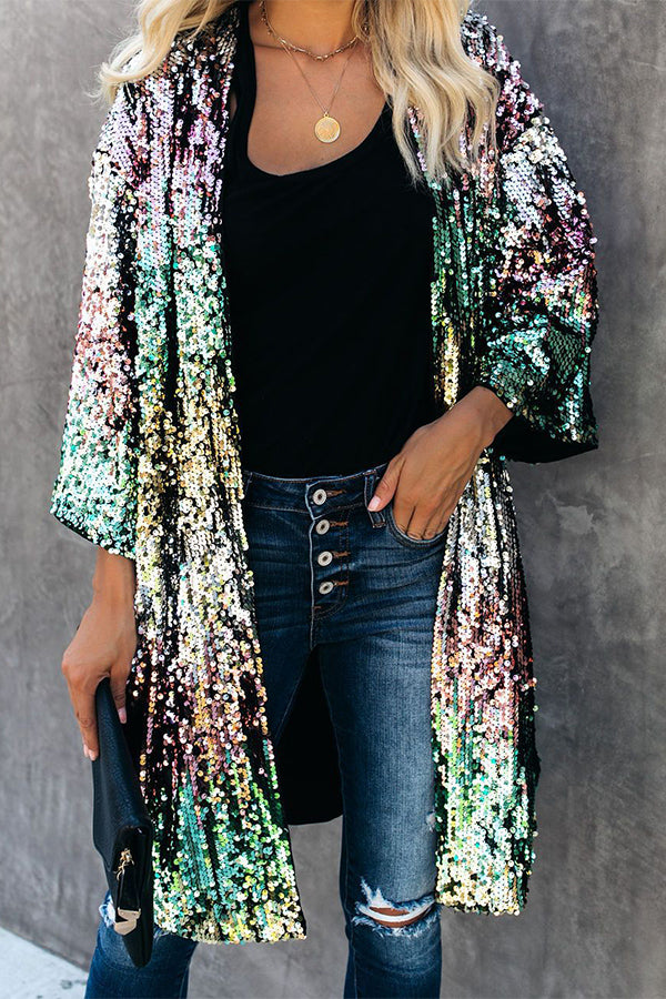 Colorful Sequins Three-quarter Sleeve Buttonless Jacket