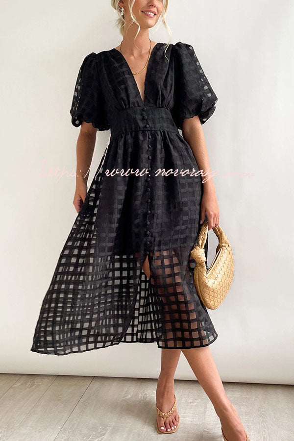 Remarkable Beauty Square Patterned Fabric Puff Sleeve Midi Dress