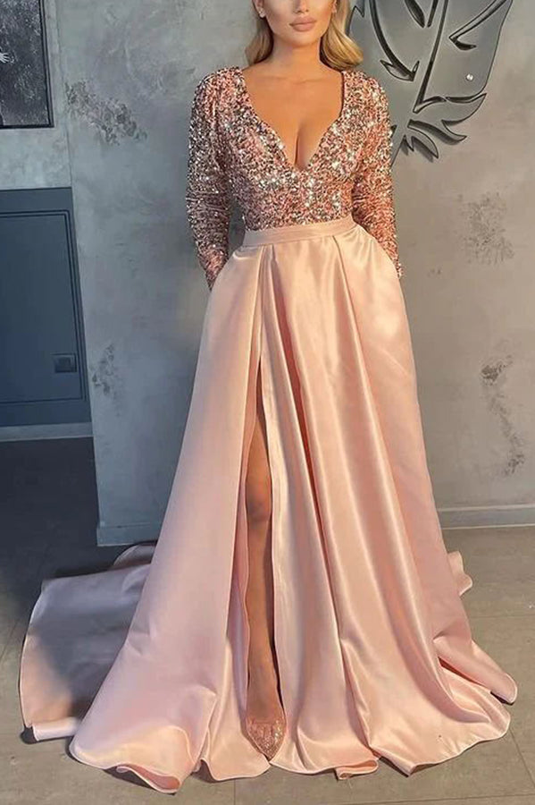 Gorgeous Long Sleeves V-Neck Sequins Satin Prom Dress