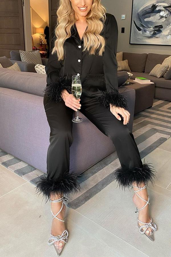 Solid Color Lapel Feather Trousers Two-piece Suit