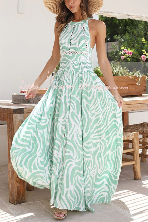 Just Met You Printed Lace Trim Halter Elastic Waist Slit Maxi Dress