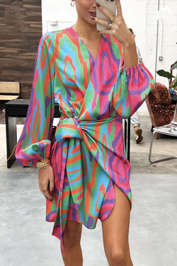Dione Bright Abstract Wrap Tie Shirt Mini Dress