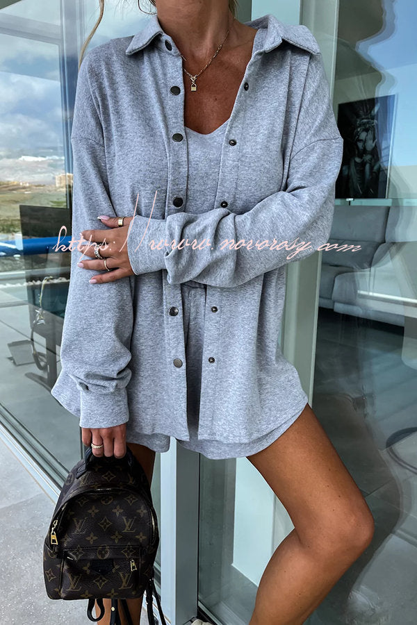 Count on Cozy Pocketed Oversized Shirt and Shorts Three Pieces Set