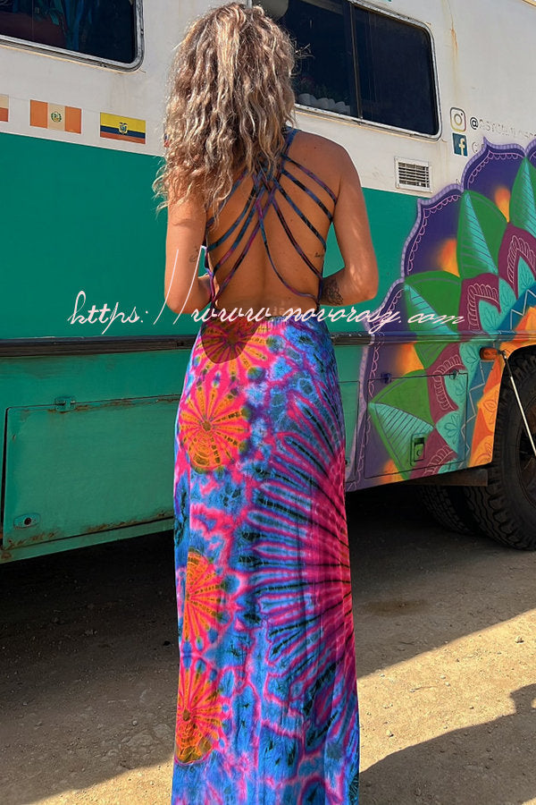 La Bamba Tie-dye Print Back Lace-up Stretch Maxi Dress