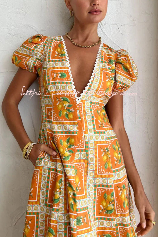 A Sweet Haze Linen Blend Orange Mosaic Puff Sleeve Pocketed Maxi Dress
