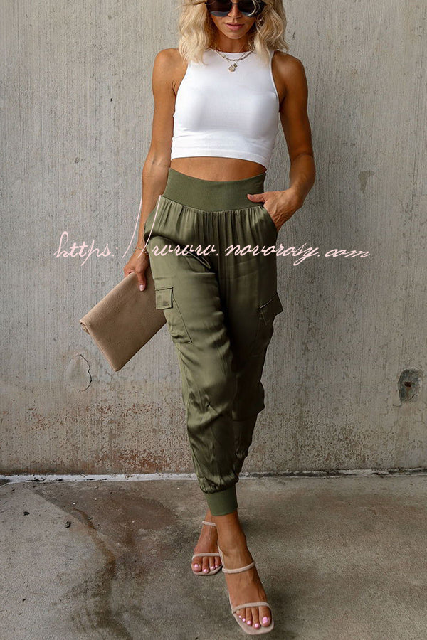 Luxe Look Satin High Waist Pocketed Joggers