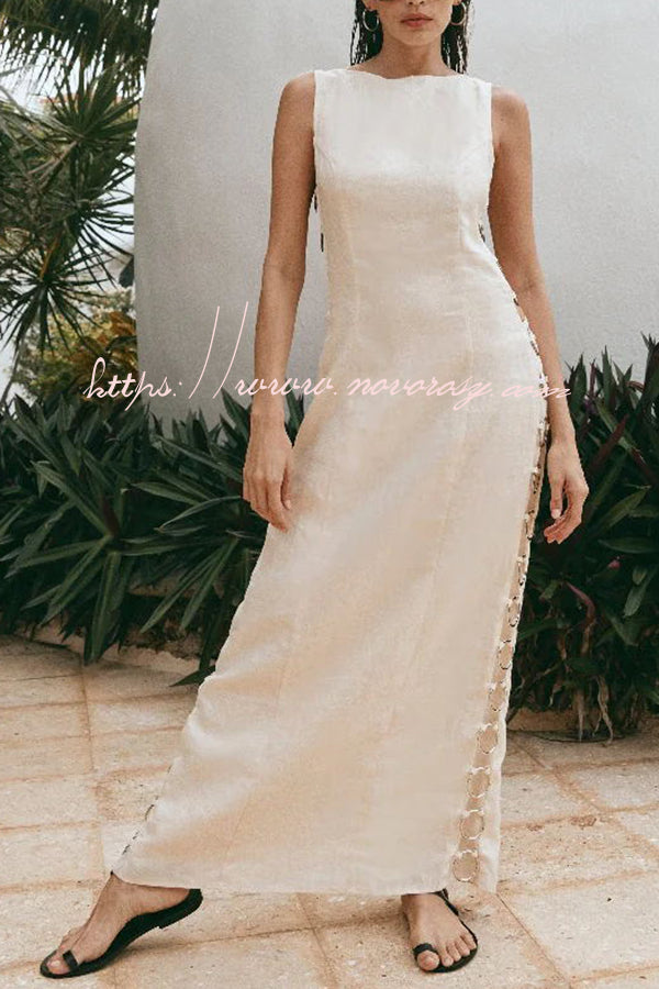 Glimmer of Hope Linen Blend Unique Print Side Hollow Ring Design Maxi Dress