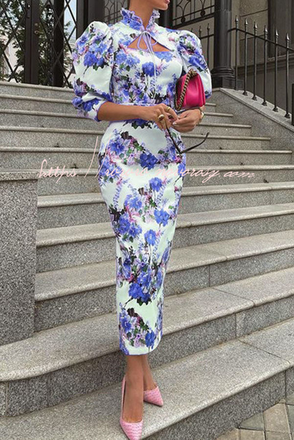 Another Love Song Floral Stand Collar Midi Dress