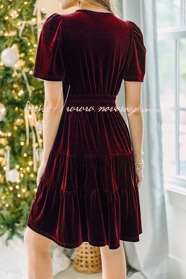 Always Choose Your V-neck Velvet Ruffled Pleated Panel Mini Dress