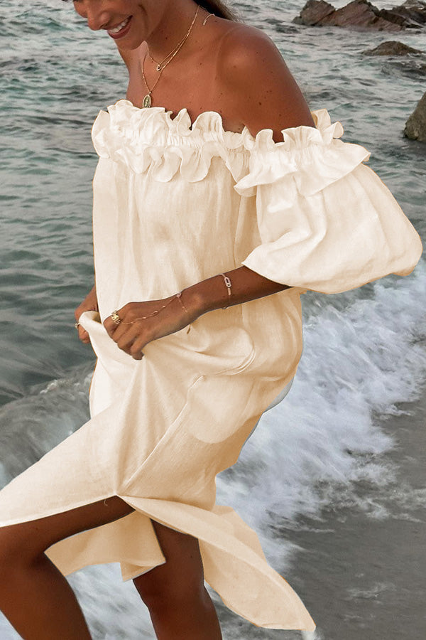 Francisca Linen Blend Off Shoulder Ruffle Puff Sleeve Pocketed Midi Dress