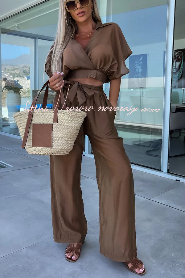 First Choice for Vacation Wrap Blouse and Pocketed Elastic Waist Pants Set
