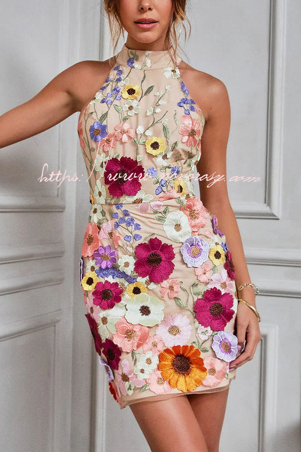 Wish Upon A Dream Floral Applique Halter Mini Dress