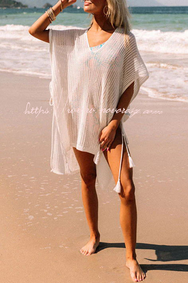 Knitted Hollow V Neck Slit Lace Up Cover Up