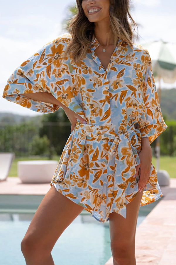 The White Lotus Floral Belted Loose Shirt Romper