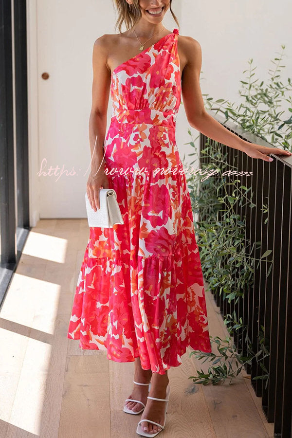 Just Met You Floral Knot Detail One Shoulder Tiered Maxi Dress
