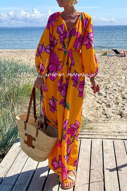 Gramercy Garden Floral Print Pocket Belted Long Sleeve Maxi Dress