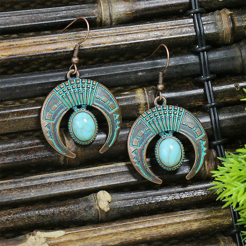 Vintage Crescent Inlaid Turquoise Earrings Bohemian Ethnic Necklace Set