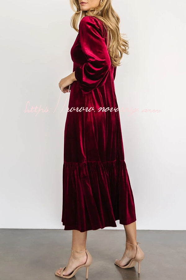 Erika Puff Sleeved Velvet Ruffled Midi Dress