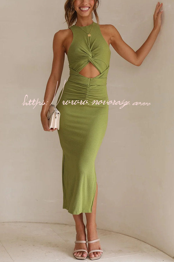 Crushing All Night Ribbed Front Cut Out Ruched Stretch Midi Dress