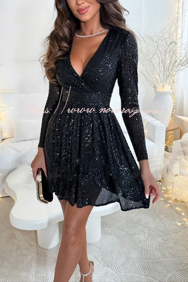 Girls Night Out Sequin Wrap Long Sleeve Mini Dress