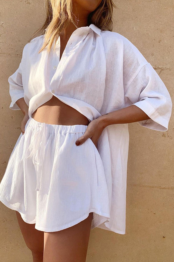 Beyond The Waterfall Button Down Loose Blouse Shorts Suits