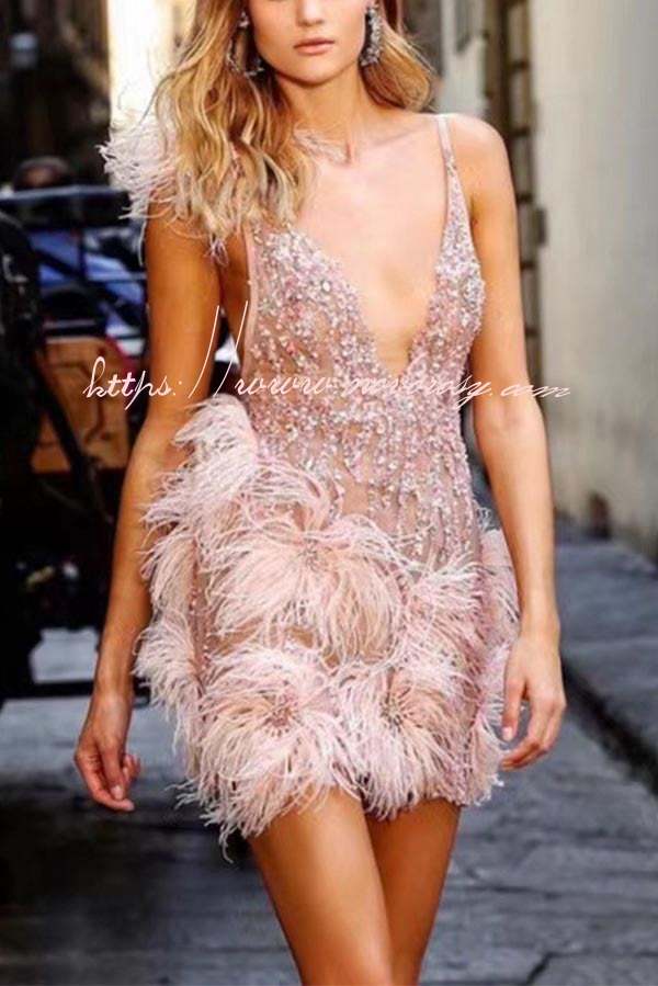 Feather Sling Deep V Neck Party Dress