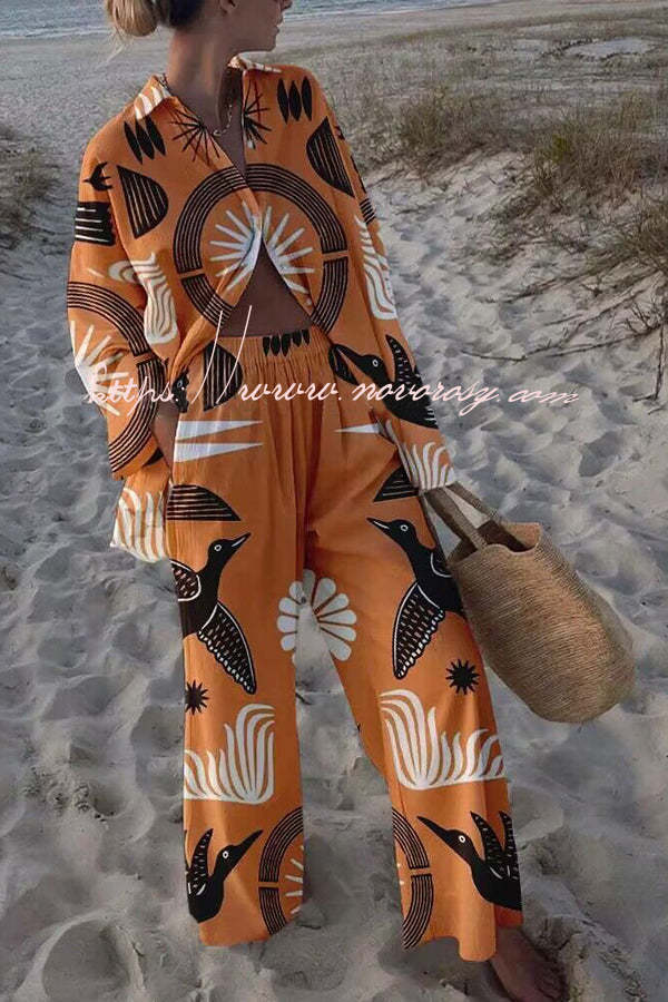 Folk Totem Printed Oversized Blouse and Elastic Waist Pocketed Pants Set