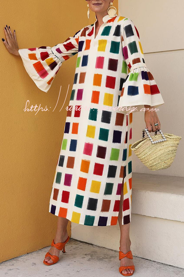 Surprising Colorful V Neck Plaid Bell Sleeve Slit Maxi Dress