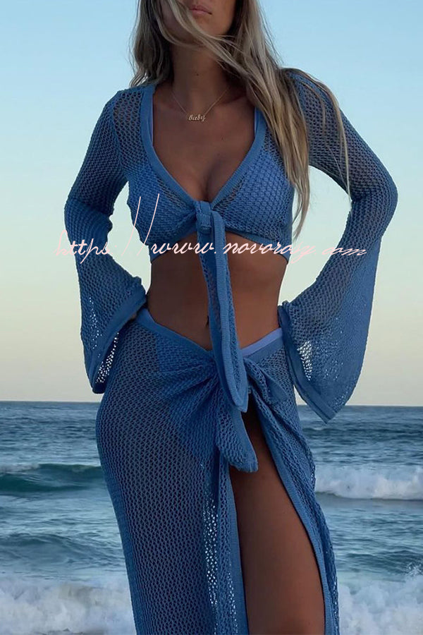 Knitted Slit See Through Hollow Tie Skirt Suit