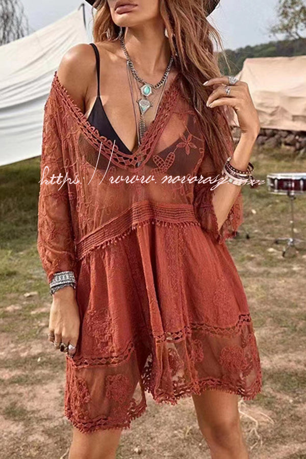 Lace V Neck Hollow Short Sleeved Cover Up