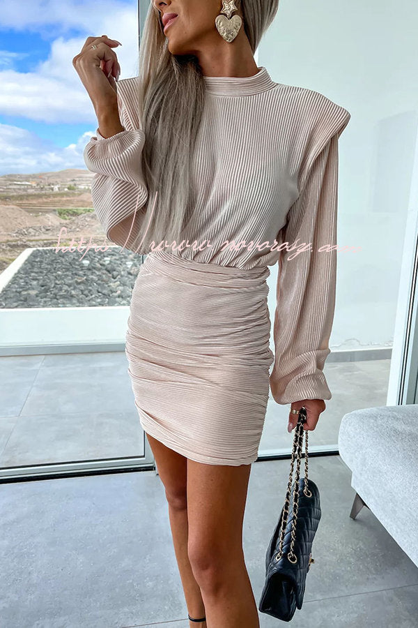 Tolly Padded Shoulder Balloon Sleeve Ruched Ribbed Mini Dress
