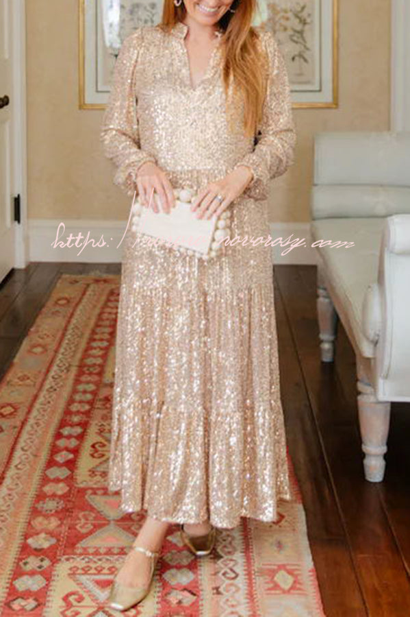 Shimmer and Shine Sequin Pocketed Tiered Party Holiday Midi Dress