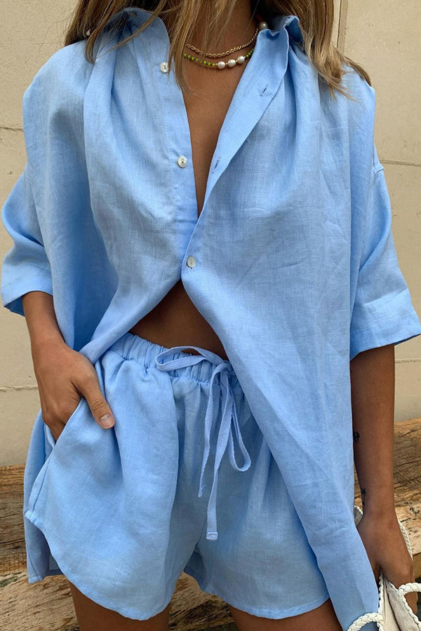 Beyond The Waterfall Button Down Loose Blouse Shorts Suits