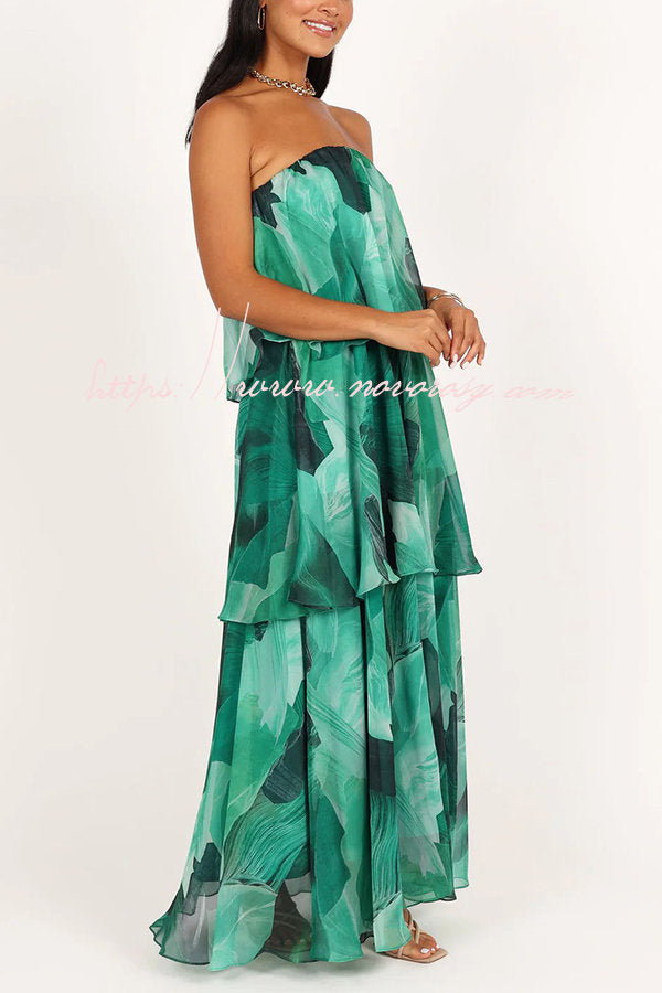 Sweet and Charming Printed Strapless Drop Tiered Ruffle Maxi Dress