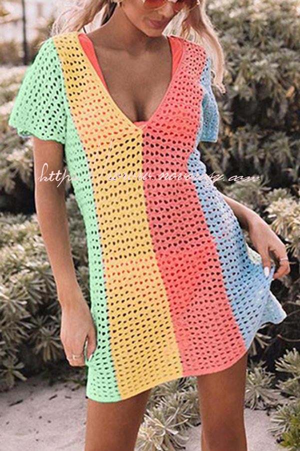 Ocean Whimsy Colorblock Crochet Cover Up Dress