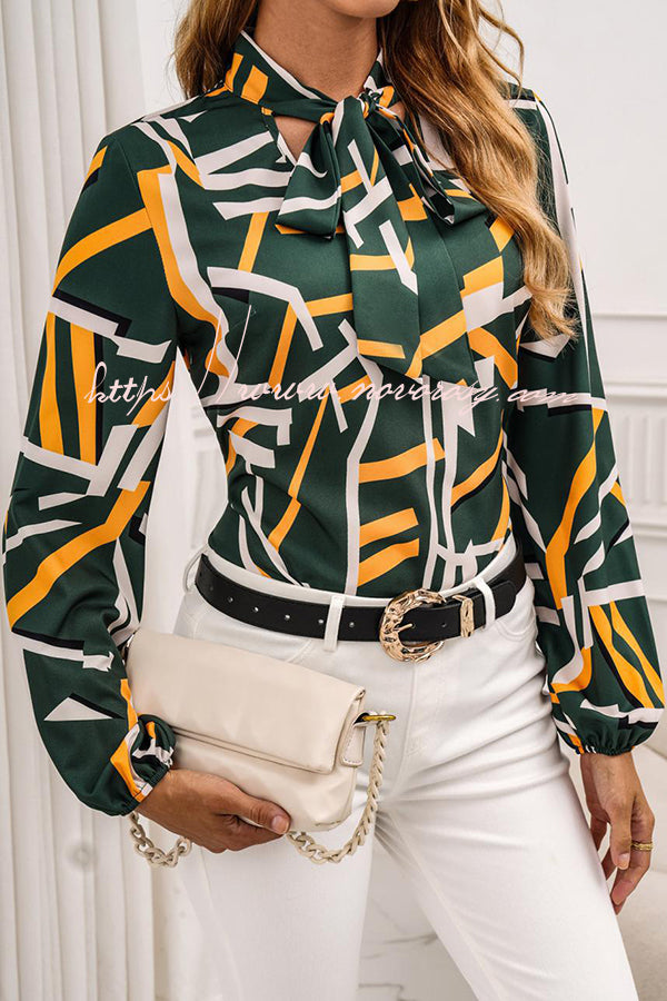 Unique Print Colorblock Lace Up Pullover Long Sleeve Shirt