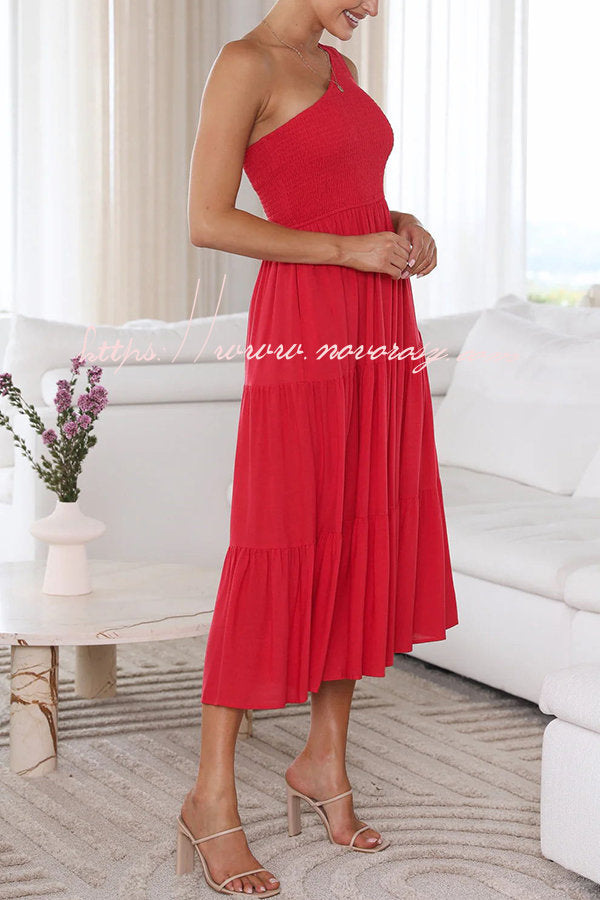 Simply Charmed Pocketed Smocked One Shoulder Tiered Midi Dress