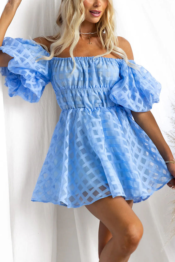 Barbie Night Square Patterned Fabric Puff Sleeve Mini Dress