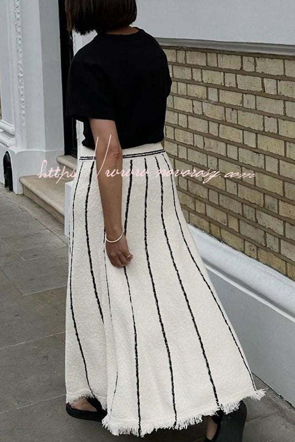 Elegant Stretch Waist Striped Fringed Knitted Skirt