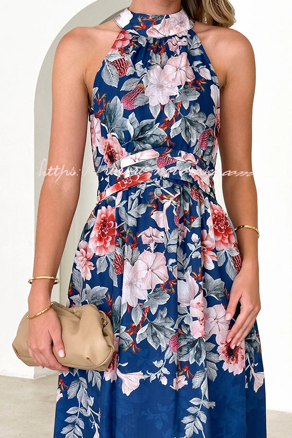 Floral Print Halterneck Tie Zip Smocked Maxi Dress